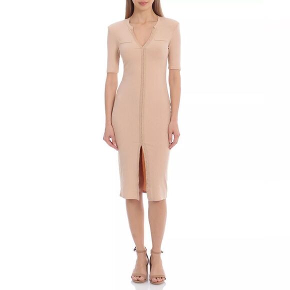 NWT Avec Les Filles Military-Inspired Rib Knit Dress Tan Nude Size Large - Picture 1 of 1